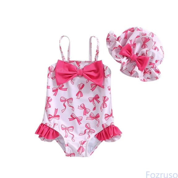 Fozruso Girls Sun Swimwear Long Sleeve Rash Guard With Hat For Baby Toddler Summer Beach Pool One-Piece Swimwear Sizes 6-12 Months