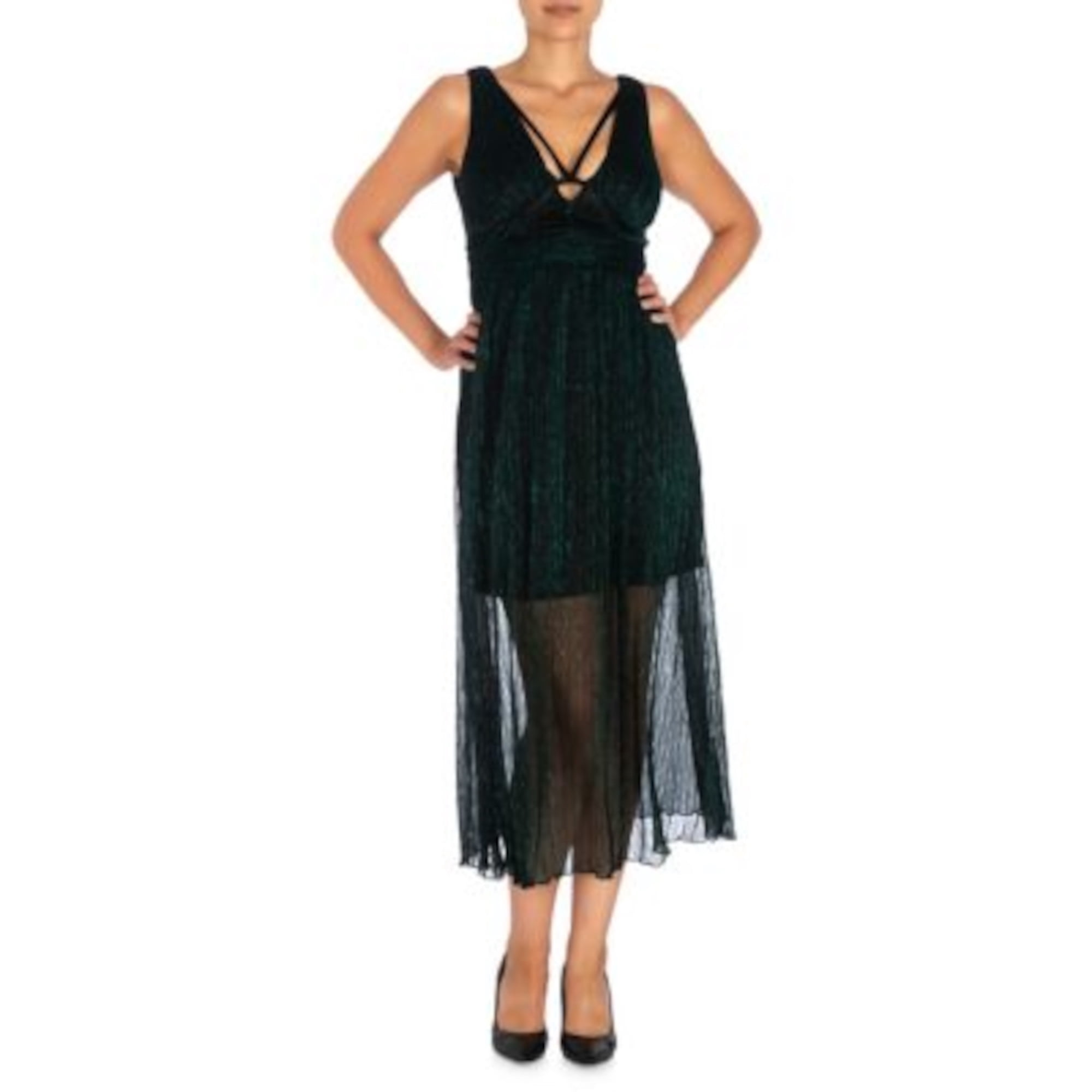GUESS Womens Green Ruched Zippered Sheer Front Strap Detail Sleeveless V Neck Tea Length Cocktail Shift Dress 2