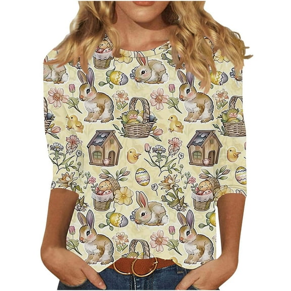 ibuvkizy 3/4 Length Sleeve Womens Easter Tops,Long Sleeve Shirts for Women's New Easter Round Neck Pullover 3/4 Sleeve Casual Printed Top,S