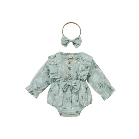 

Baby Romper with Hairband Girls Floral Print O-Neck Long Sleeve Bodysuit+ Headband Green/White/Pink 0-18 Months