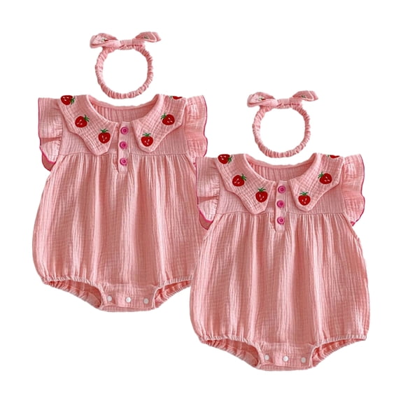 LYMAYTER Newborn Baby Girls Strawberry Print Romper Short Sleeve Bubble Bow Headband Soft Breathable