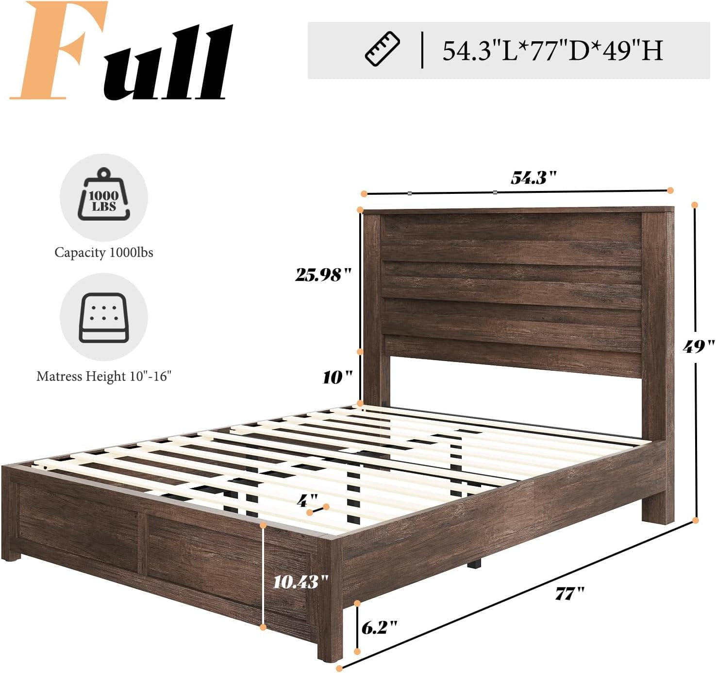 LUXOAK Full Size Bed Frame with Natural Wood Platform, 49" Fluted Headboard, Grey