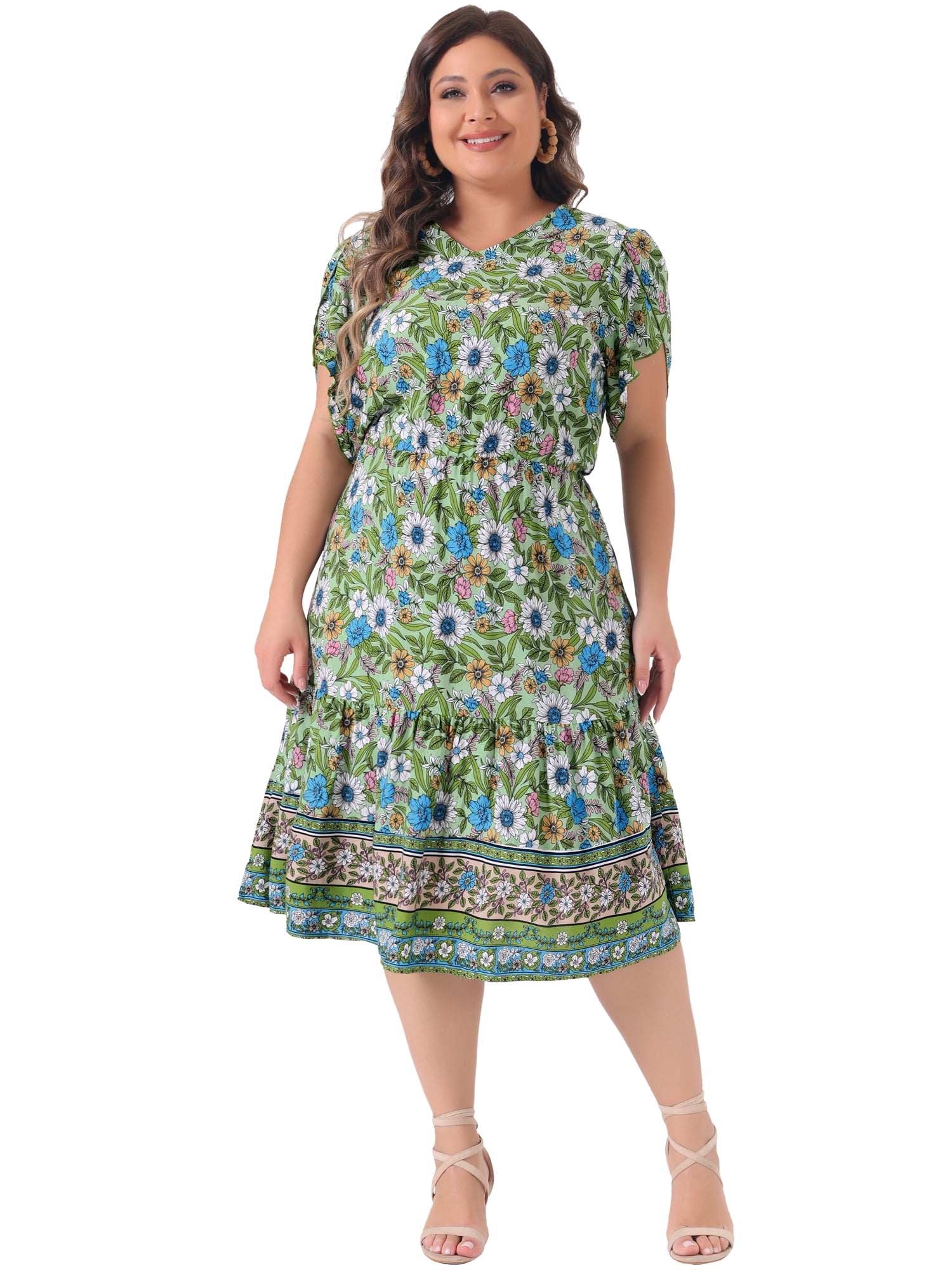 DARING DIVA Plus Size V Neck Short Sleeve Floral Midi Dress 3X Green