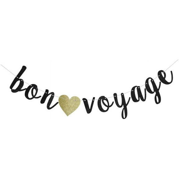 Bon Voyage Banner, Black Glitter Sign Garlands for Travel Theme Party, Moving/Graduation/Retirement Party Supplies Decorations