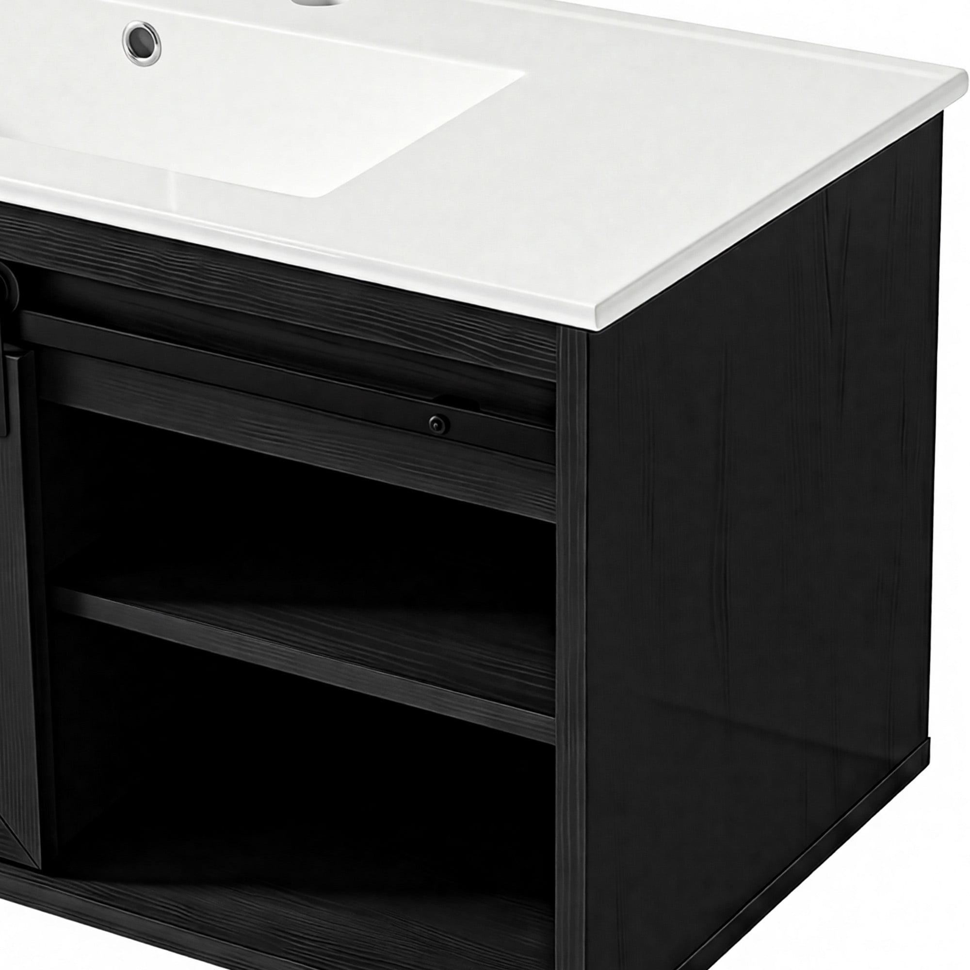 Uforic 36 Inch Farmhouse Floating Bathroom Vanity with Ceramic Sink, 7-Color LED Ambient Light for Bathroom Decor, Black