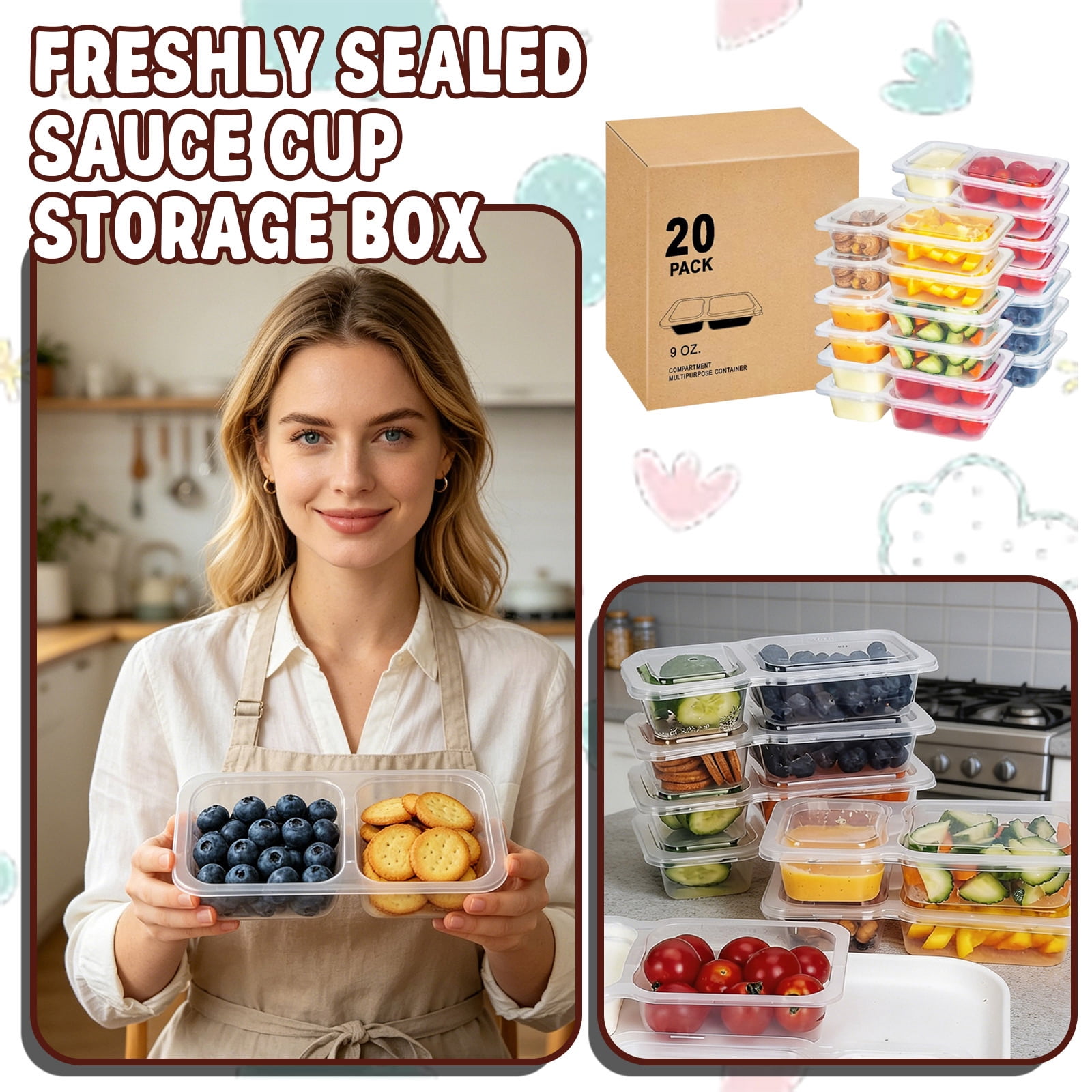 9 Ounce Two Compartment Storage Containers Reusable Stackable Refrigerator Produce Freshness Savers Bpa Free Plastic for Meal Prep Snacks Sauces Leftovers Clear 20 Pack