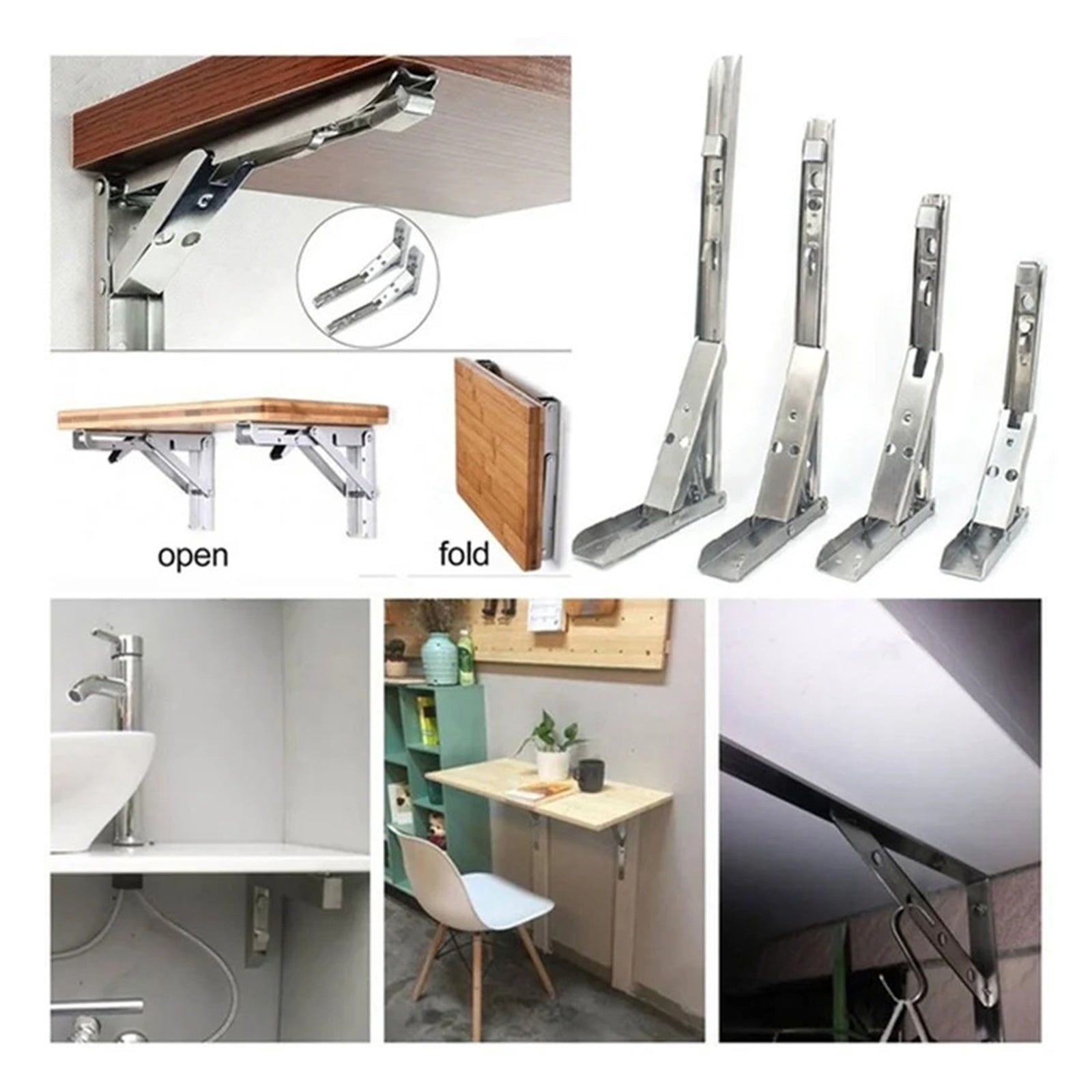 2pcs Heavy Duty Stainless Steel Folding Shelf Brackets Collapsible Wall Mounted L-Table Hinges for Bench Table with Screws