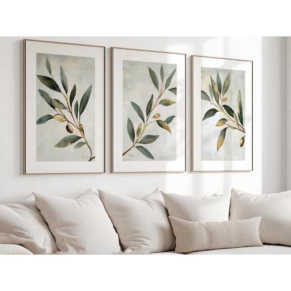 UNFFRAMED Olive Branch Set, Green & Gold Botanical Wall Art Set 3 Prints 8x12