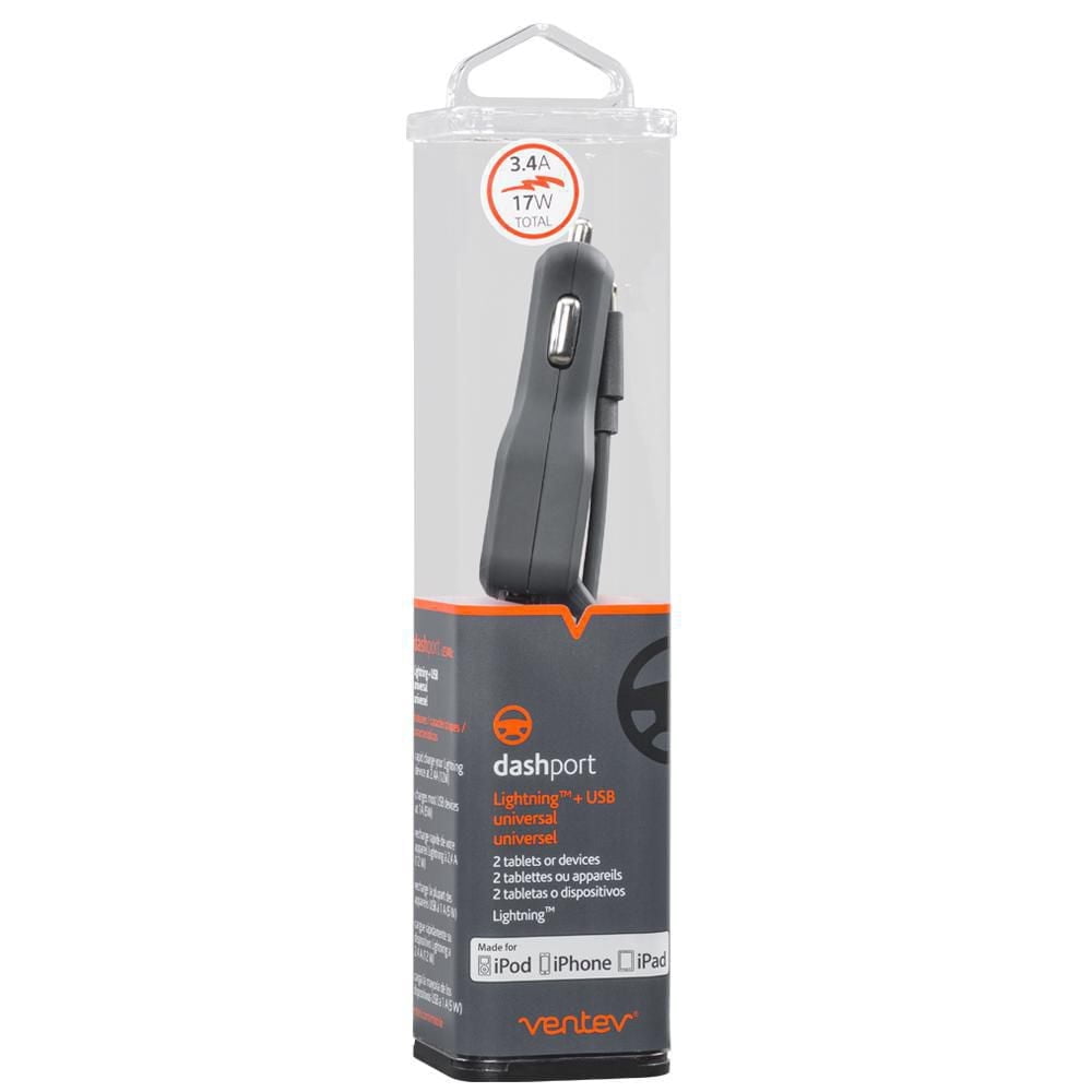 Ventev Chargeur de Voiture USB-C 4A avec Extra USB Câble Noir