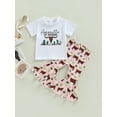 thumbnail image 3 of Toddler Kids Baby Girl Western Bell Bottoms Outfits Short Sleeve Cow Print T-Shirt Tops Flare Pants Set Cowgirl Clothes (White + Pink Cow Print, 3-4 Years), 3 of 9