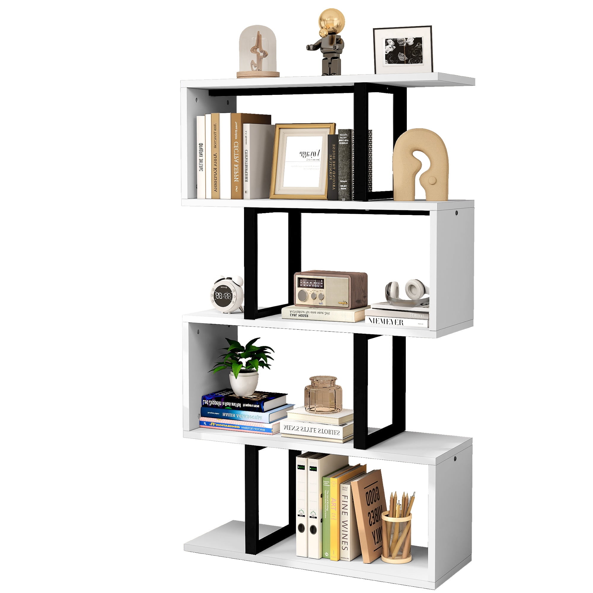 Dextrus 5-Tier S-Shaped Bookshelf, Geometric Bookcase Wooden Z-Shelf Storage Modern Open Shelving, Freestanding Display Bookshelf for Living Room Home Office, White