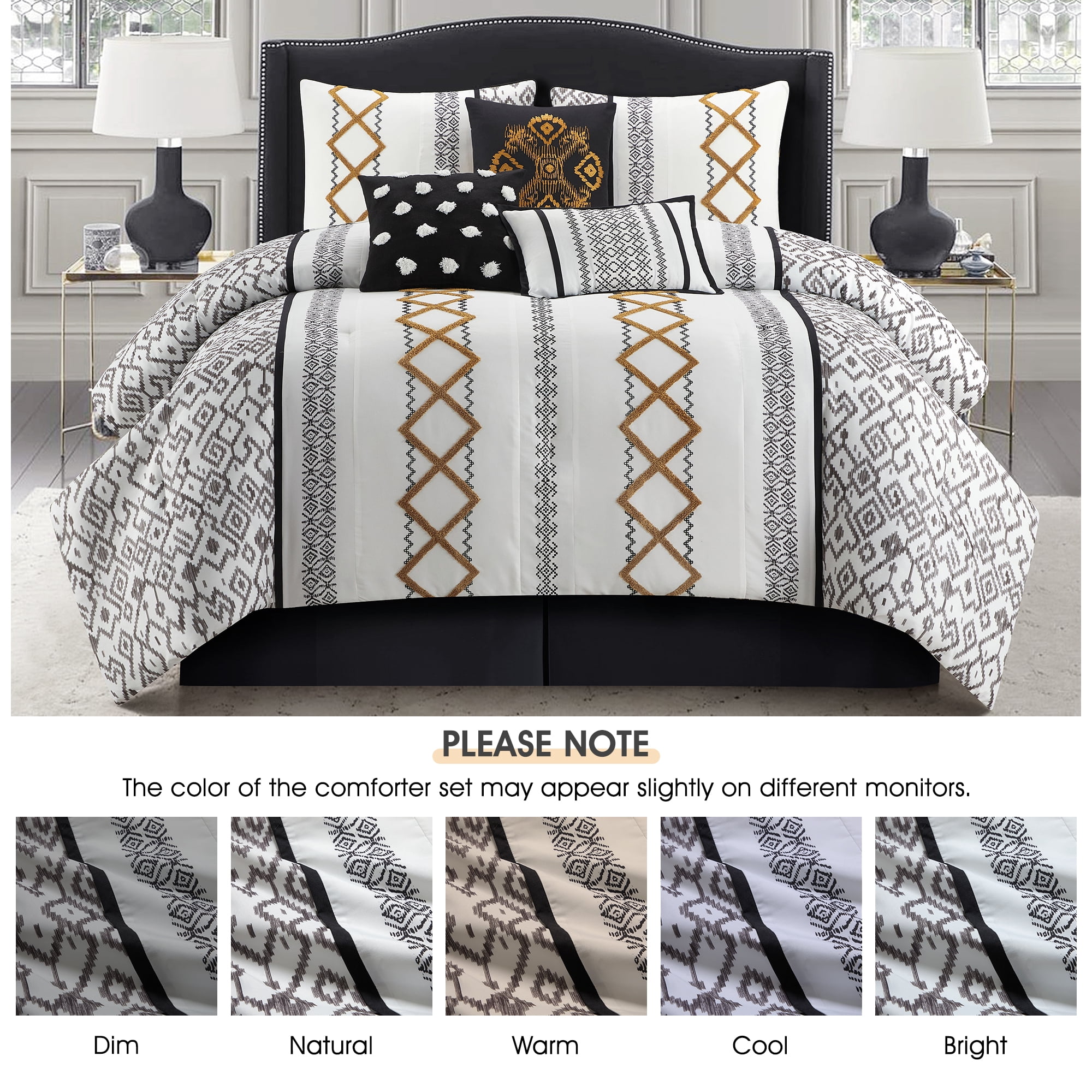 Lanco Luxury Black Gold Comforter Set Queen Size , 7 Piece Terry embroidery, All Season Bedding Set