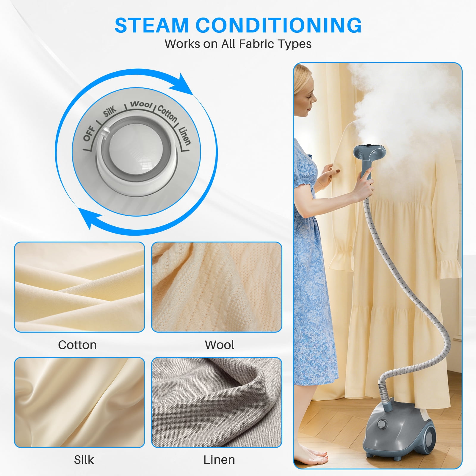 Beddle Steamer for Clothes with Stand,1500W Powerful Garment Steamer with Roll Wheels, 1.7 L Water Tank,Auto Shut-off, Gray