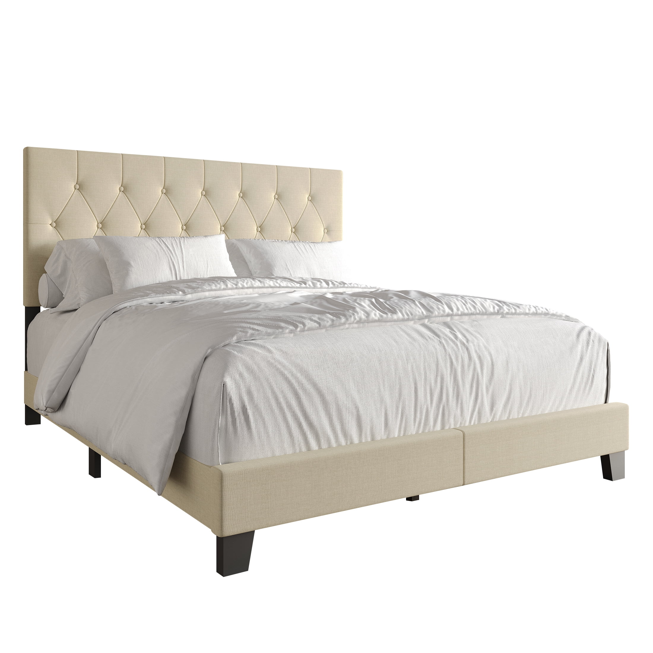 Castle Place Classic Button Tufted Linen Upholstered Bed, Beige, Full