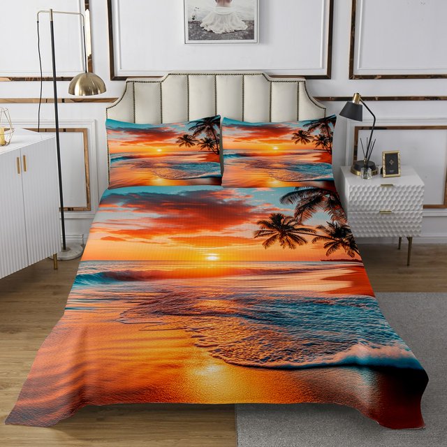 Erosebridal Summer Holiday Coverlet Set King,Palm Tree Bedding Set,Ocean Bedroom Decor,3-Piece