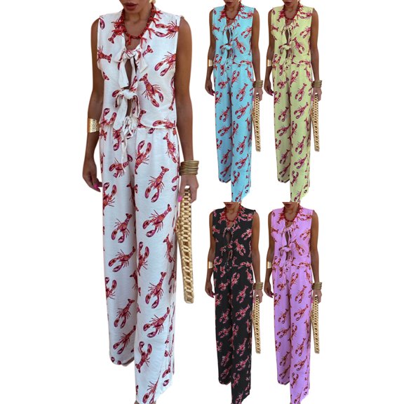 Baby Sweetie Women's 2 Piece Casual Outfits Lobster Print Tie Front Vest Drawstring Wide Leg Pants Sets Streetwear