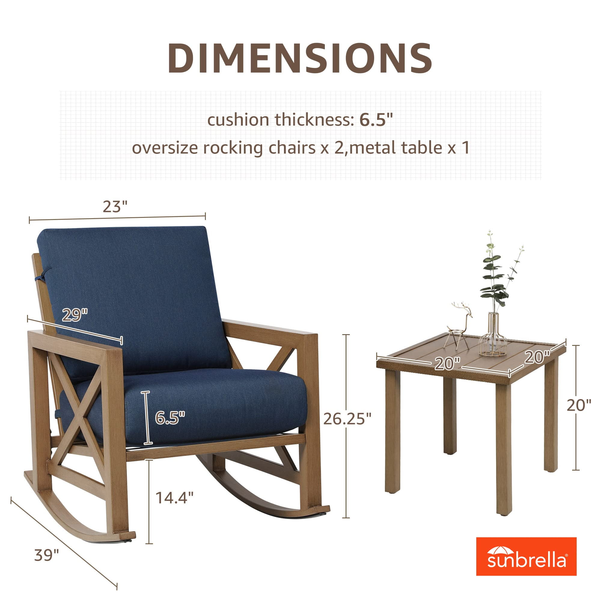 NATURAL EXPRESSIONS Sunbrella Rocking Bistro Set, 3 Piece Outdoor Patio Conversation Furniture Set with 6.5'' Thick Cushions Wood Grain Finish Frame for Backyard,Porch,Poolside