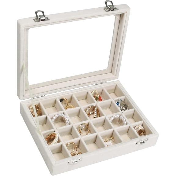Genreen  Velvet Jewelry Box 24 Grid Jewelry Ring Display Organiser Box Tray Holder Earrings Storage Case for Girls Wife Mom Women (Beige)