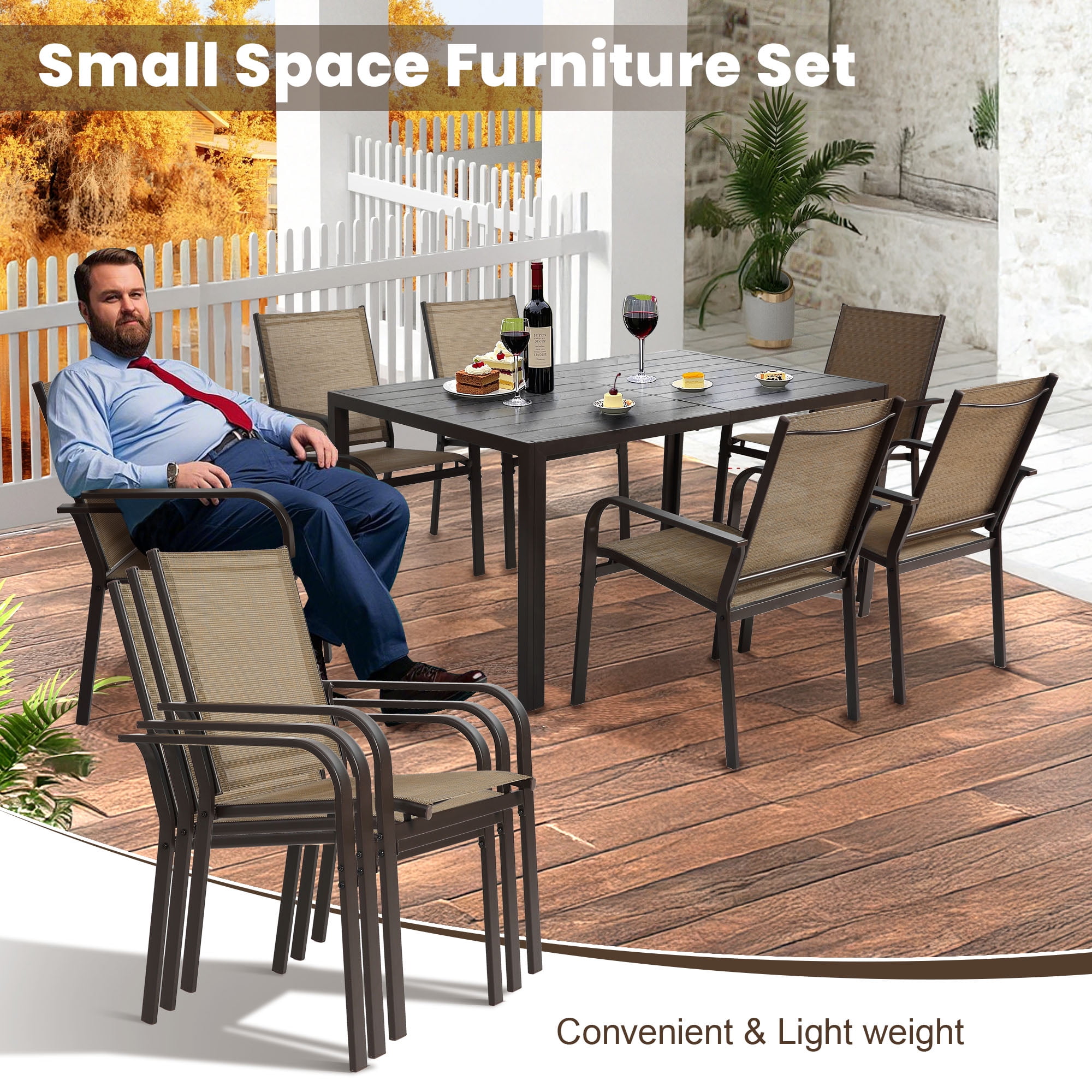 7-Piece Outdoor Dining Table Set, Patio Dining Table Set for 6, Patio Furniture Outdoor Table and Textilene Chairs, HDPE Tabletop, Reinforced Frame, Brown