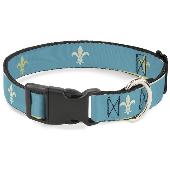 Buckle-Down Pet Collar, Dog Collar Plastic Buckle, Fleur De Lis Baby Blue Tan Lime Green, 7 to 8.5 Inches 0.5 Inch Wide