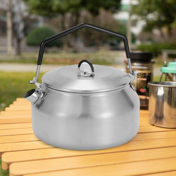 Tetera portátil para acampar, tetera de 1L con asa, vajilla para senderismo al aire libre, color plateado