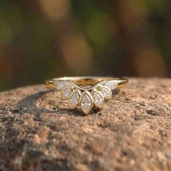 vylahjewellery Vintage Moissanite Curved Wedding Band for Women Seven Marquise Cut Diamond Engagement Ring 14K Vermeil Yellow Gold Stackable Bridal Anniversary Ring
