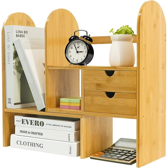 Bookshelf Desktop Bamboo Office Organizer Desk Storage Organizer Display Shelf Rack, Counter Top Bookcase - -