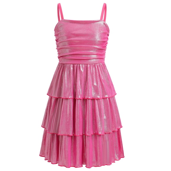 IBTOM CASTLE Teen Girl Glitter Ruffle Metallic Adjustable Spaghetti Straps Dress Square Neck Tiered Hemline Tween Pageant Homecoming Graduation Prom Outfits Junior Formal Easter Dress 9-10 Years Pink