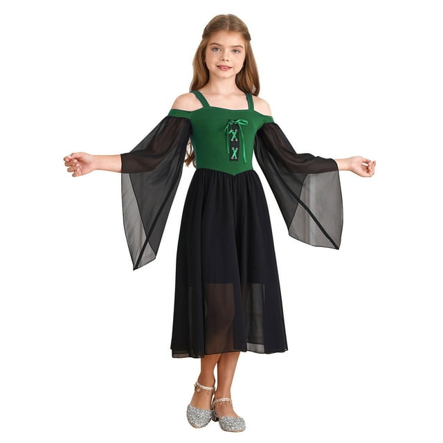 dPois Robe à Épaules Dénudées Gothique Médiévale Renaissance pour Filles Enfants, Robes de Bal, Halloween, Spectacle, Fête, Déguisement, Vert 8