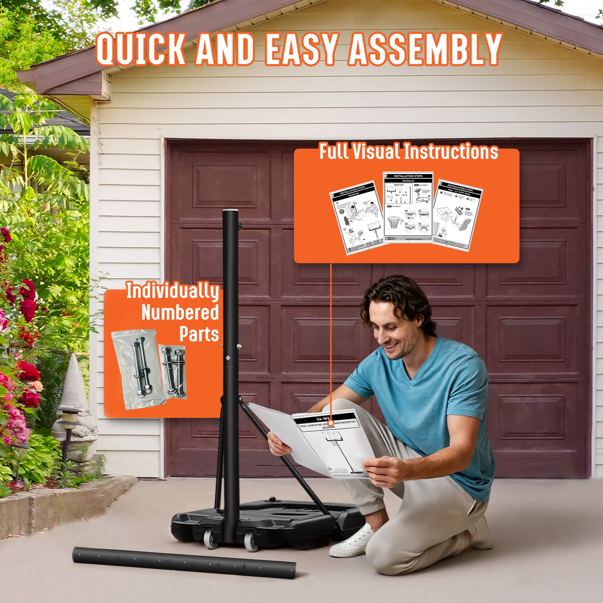 SERAY Adjustable Basketball Hoop for Kids, Teens & Adults, 3.3 to 10 feet Height, 40 inch Backboard, Portable with 2 Wheels, Indoor/Outdoor Use