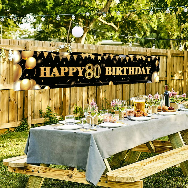 Happy 80th Birthday Decoration Banner, Large Black and Gold Happy ...