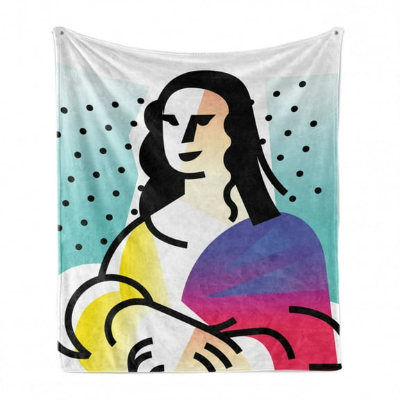 Avant Garde Soft Flannel Fleece Blanket, Funny Sketch of Mona Lisa Female Portrait Classic Modern Colorful Illustration, Cozy Plush for Indoor and Outdoor Use, 50" x 60", Multicolor, by Ambesonne