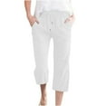 thumbnail image 1 of Women Casual Capris Straight Leg Drawstring Elastic Waist Linen Pants with Pockets, 1 of 5