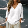 thumbnail image 2 of Women's V Neck 3/4 Sleeve Linen Blouse Loose Fit Solid Color Summer Top, 2 of 7