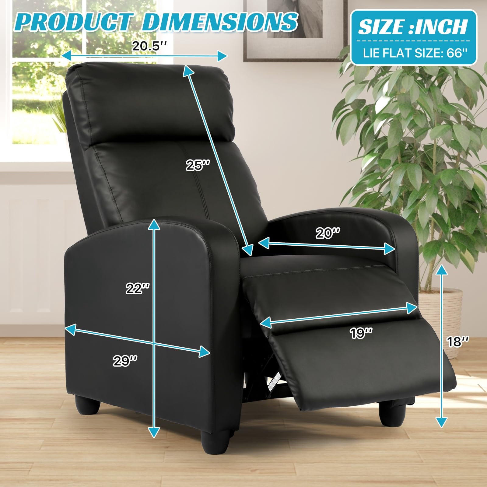 NiamVelo Recliner Chair for Adults, PU Leather Recliner Sofa with Lumbar Support, Adjustable Modern Reclining Chair with Padded Seat Backrest for Home, Living Room, Theater （Black）