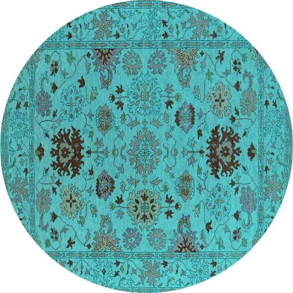 Ahgly Company Machine Washable Indoor Round Oriental Turquoise Blue Industrial Area Rugs, 4' Round