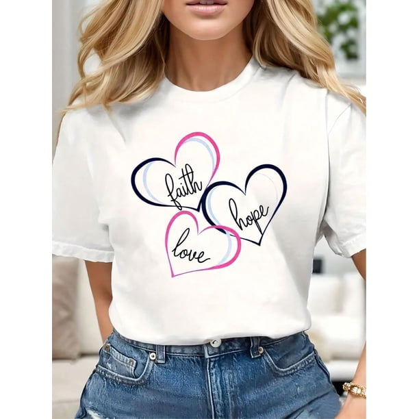 Vintage Valentine's Day Heart Design T-Shirt Crew Neck Tee Casual Comfy Tees