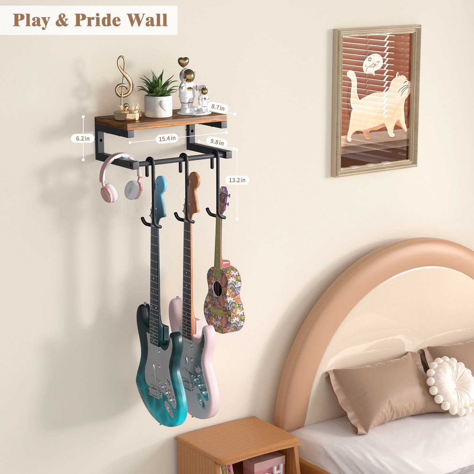 Olakee Guitar Wall Hangers with Mounting Kit — Dual-Twist Hook, Heavy-Duty Steel & Wood Shelf, 3-in-1 Display System, 44lb Capacity