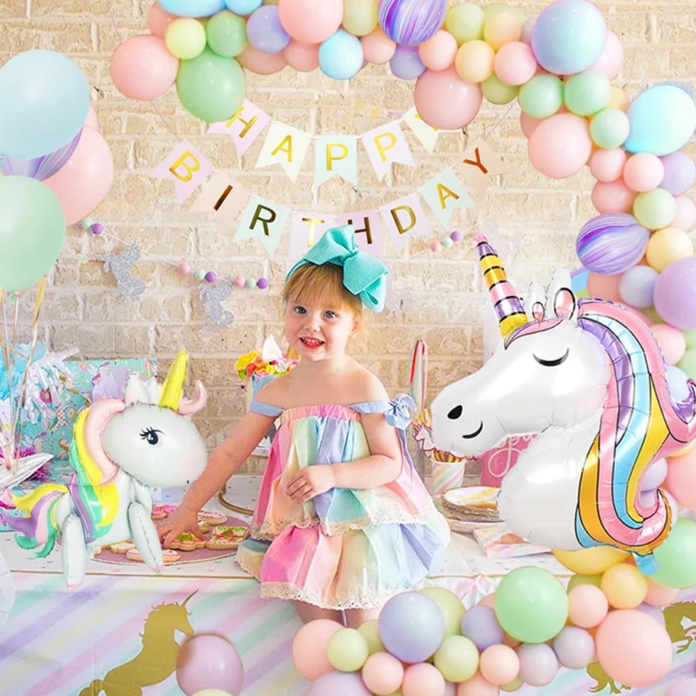 YANSION Unicorn Party Decorations Girls Birthday Party Supplies 3D Unicorn  Balloon Ice Cream Latex Balloons Summer Party with Happy Birthday Banner  Unicorn Party Balloons 