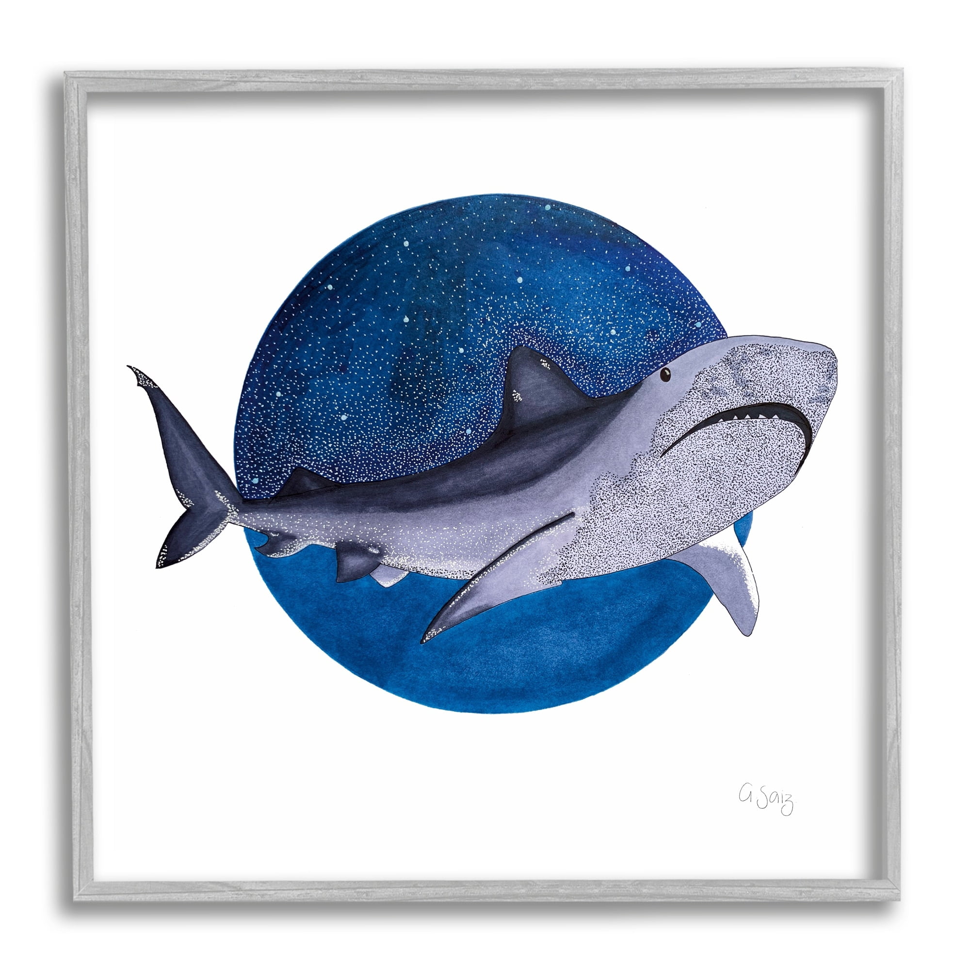 Stupell Industries Great White Shark Swimming Starry Night Sky Framed Wall Art, 12 x 12, Design by Ale Saiz Studio