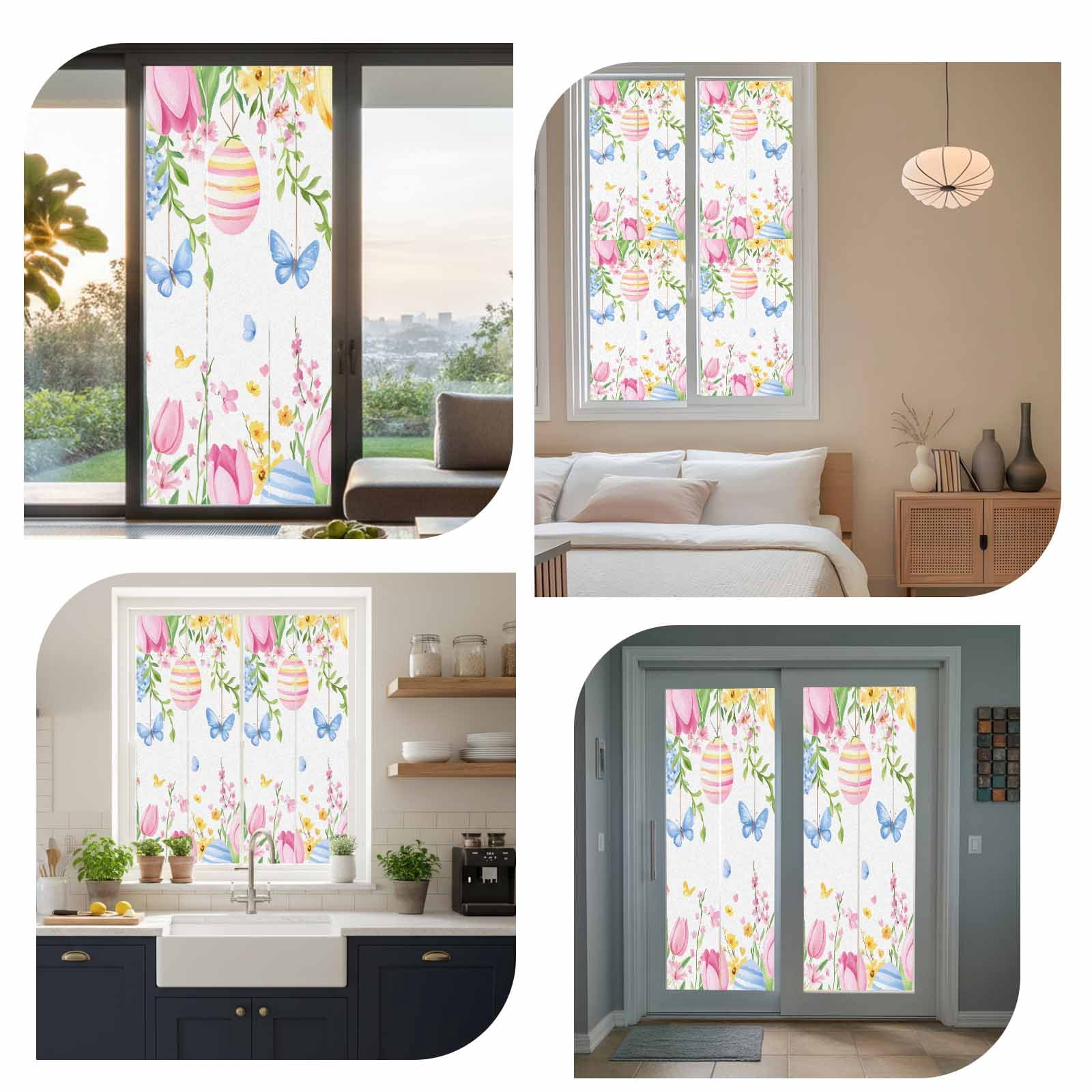 Easter Flowers Window Privacy Film, Watercolor Country Pink Blue Yellow Floral Eggs Butterfly Frosted Glass Window Clings Static Cling UV Heat Blocking Reusable Sticker for Bedroom 35.4x78.7 Inch
