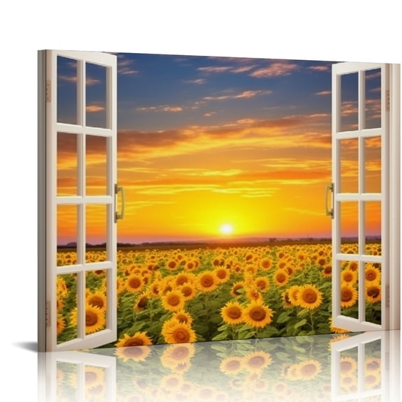 COMIO Sunflower Wall Art Decor for Living Room Window Style Sunset Canvas Picture for Bedroom Realism Yellow Flowers Filed Artwork Nature Prints Paintings for Kitchen Home Office