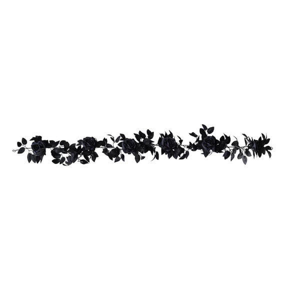 huayou Halloween Artificial Black Rose Garland, 78.74 Inch Black Leaves Black Flower Vine Swag, for Indoor Mantel Wall Front Door Party Holiday Decor
