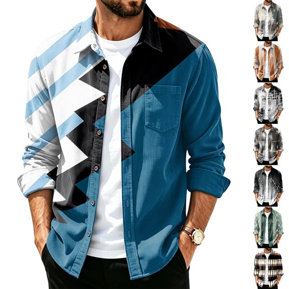 Men's Corduroy Streetwear Color Block Button Down Shirt, Geometric Print Long Sleeve Lapel Casual Top, Loose Fit Fall Daily Clothes with Chest Pocket Black 3XL