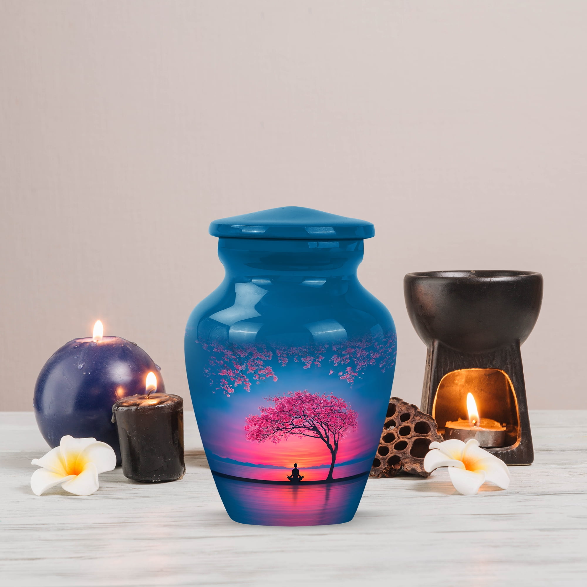 MUKTIVE Cherry Blossom Funeral Urns for Ashes Adult Man, Keepsake Blue Memorial Urn for Ashes for Women, Meditation Burial Urns for Adult Male, Sunrise Cremation Urn, 3 Inch