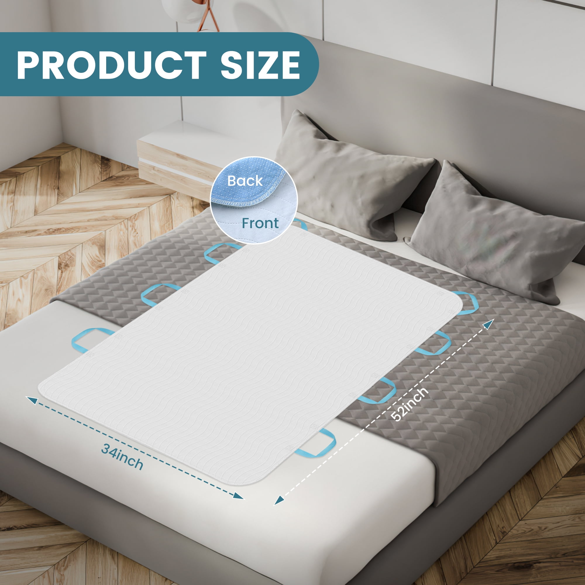 KEKOY 34 x 52" Absorbent Positioning Bed Pad with 8 Handles, Anti-Slip Backing, 2 Pack Waterproof Underpads for Incontinence, Washable & Reusable Transfer Pad