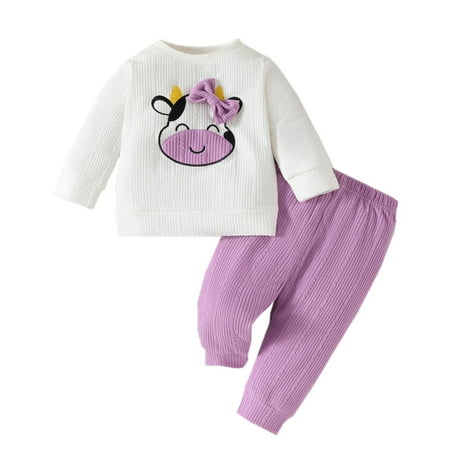 

OAUP Infant Toddler Girls Outfit Sets Long Sleeve Tops Shirt Cartoon Dairy Cow Print Pants Outfits Fall Casual Trendy Outfit 6M-3Y