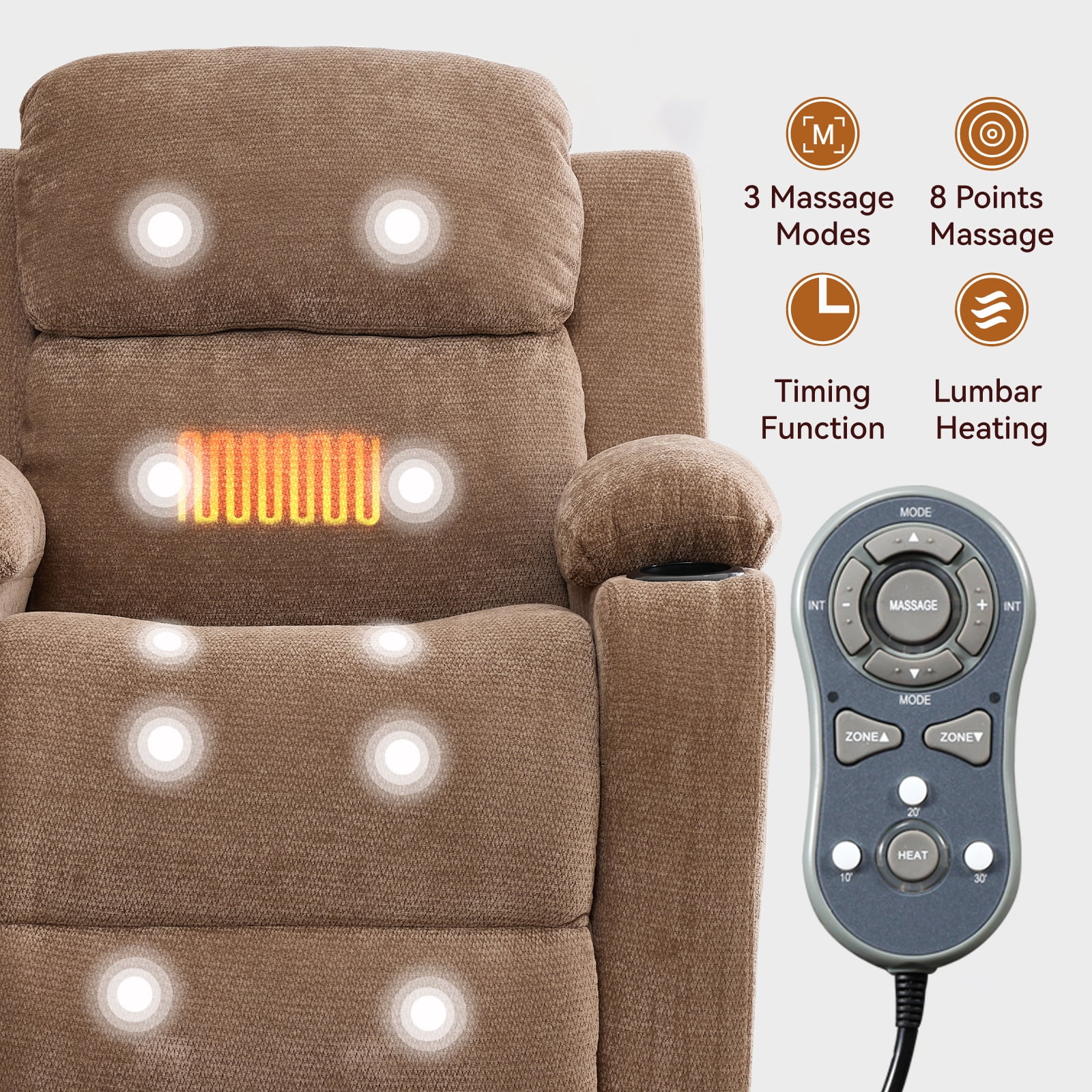 Miniyam Power Lift Recliner Chair with Massage and Lumbar Heat, Fabric Adjustable Reclining Chair with Remote Control, USB Port and Cup Holders, Brown