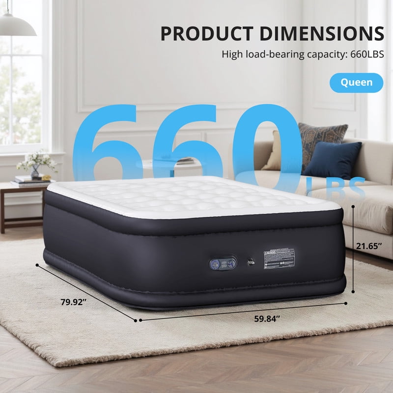 TINKLE WELL Queen Size Air Mattress with Built-in High Capacity Pump, 22" Extra Tall Raised Airbed, Non-Slip Bottom Design, Supports 660 lbs, Inflatable Mattress for Home, Camping and Travel
