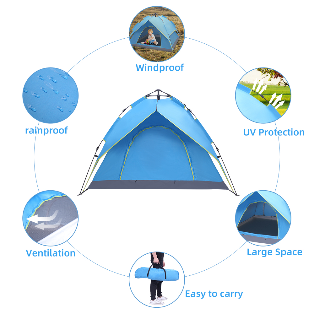 Camping Tent, 2-3 Person Family Tents for Camping, 180T Silver Coating Waterproof Tent, Double-Deck Camping Tent, Automatic Instant Pop Up Tents for Camping for Outdoor/Hiking/Traveling, Blue, R055 - image 4 of 11